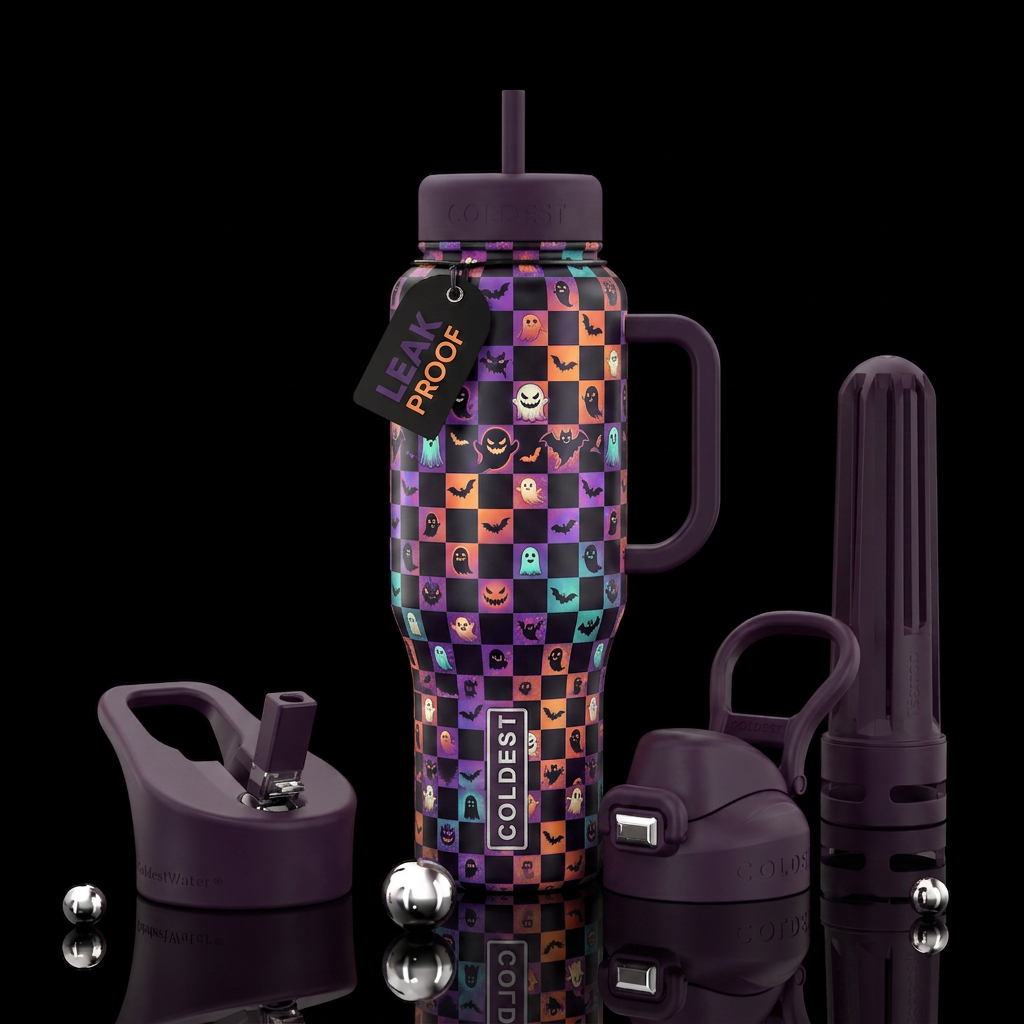 Halloween checkers with ghosts and bat designs for... water bottle design