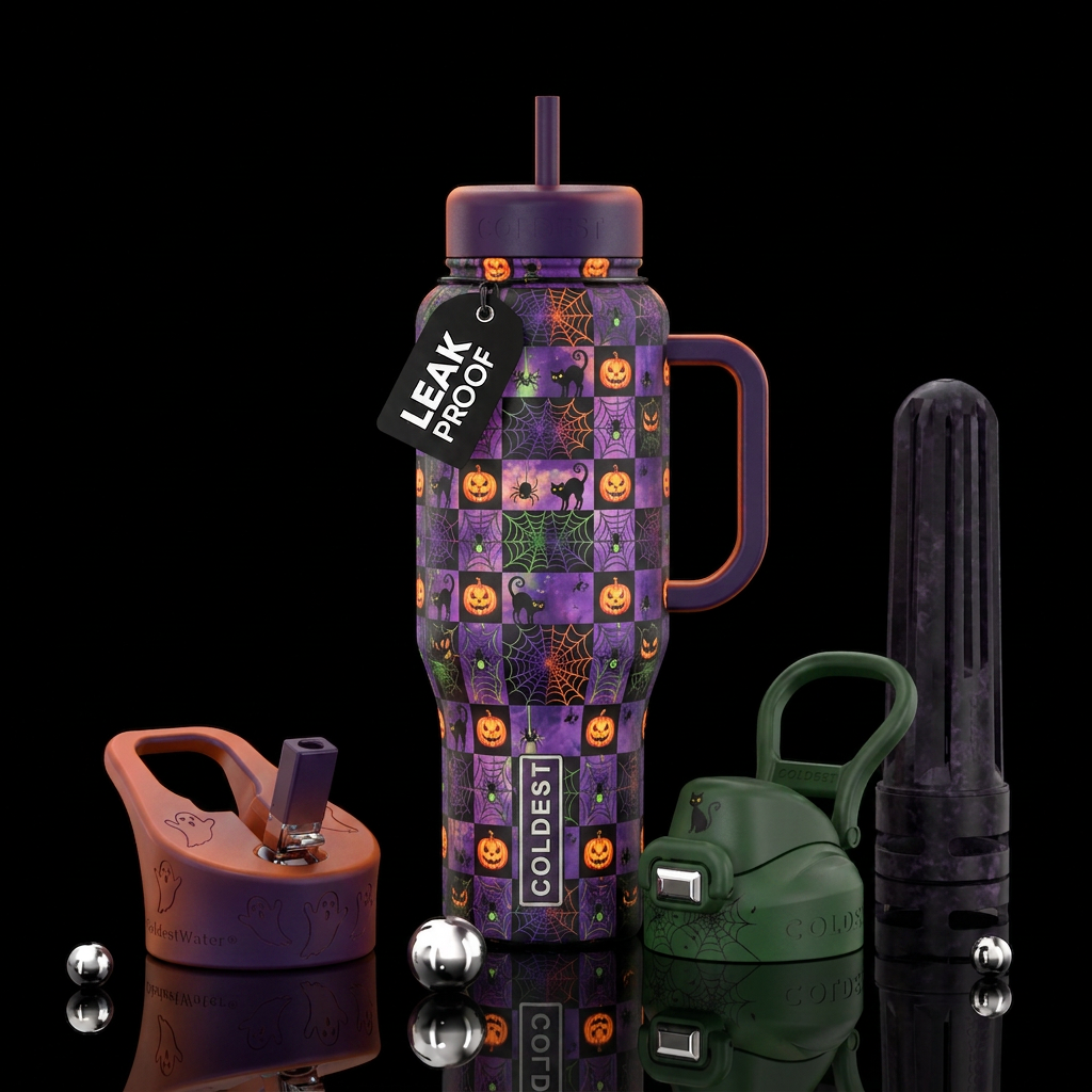 Halloween checkers with pumpkins spiders and black... water bottle design