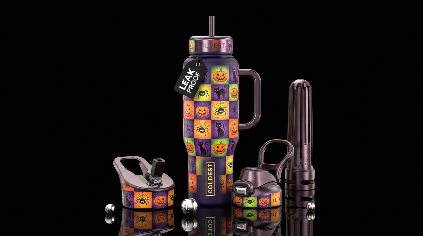 Halloween checkers with pumpkins spiders and black... water bottle design
