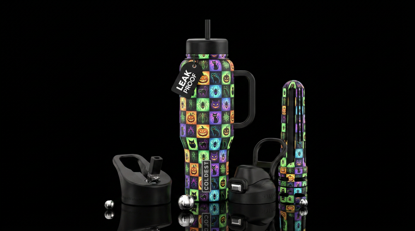 Halloween checkers with pumpkins spiders and black... water bottle design