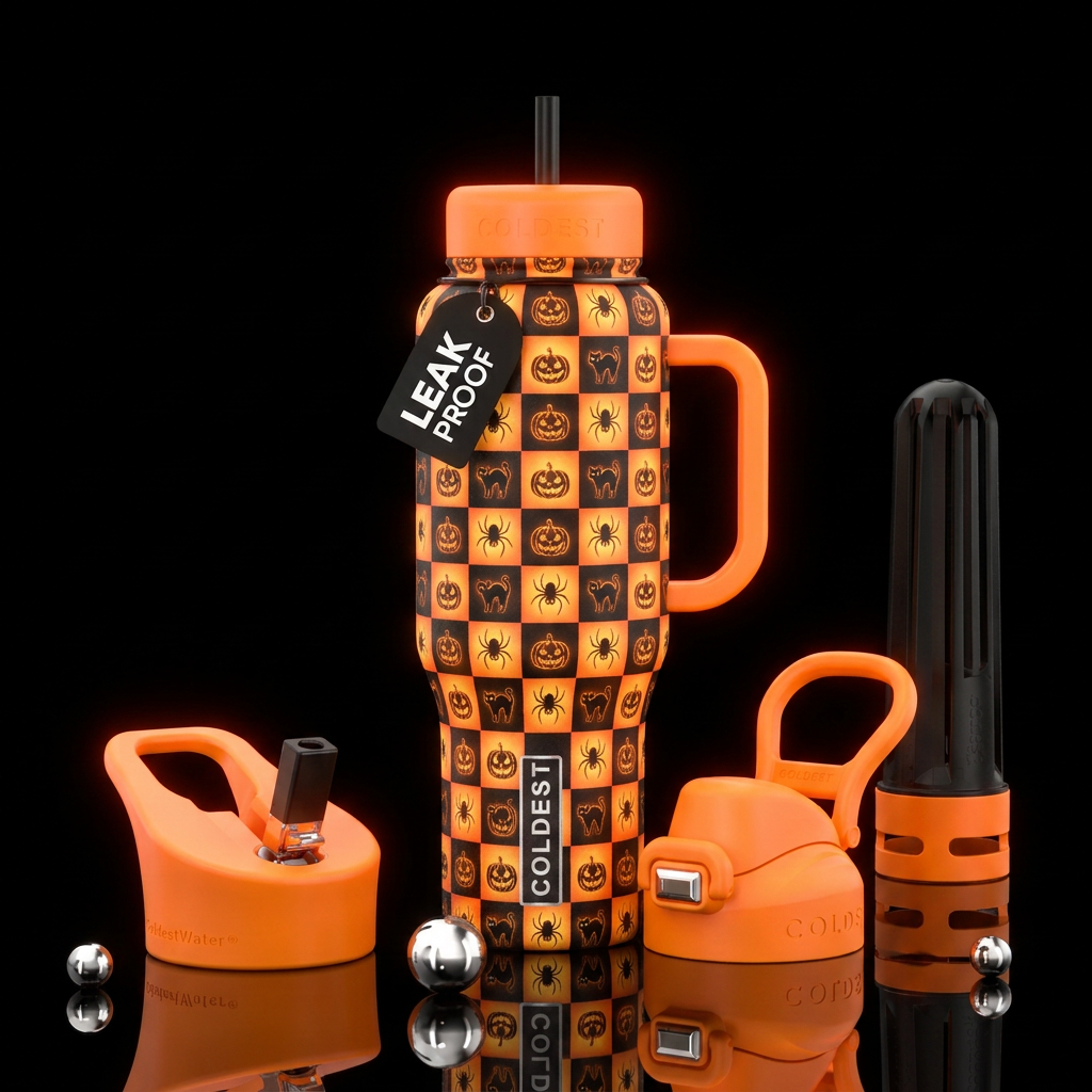 Halloween checkers with pumpkins spiders and black... water bottle design