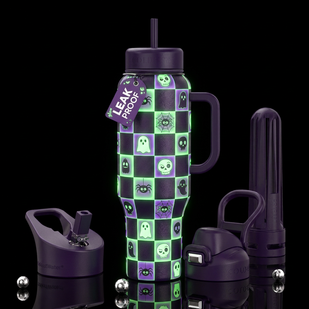 Creative unique Halloween checkers with ghost, sku... water bottle design