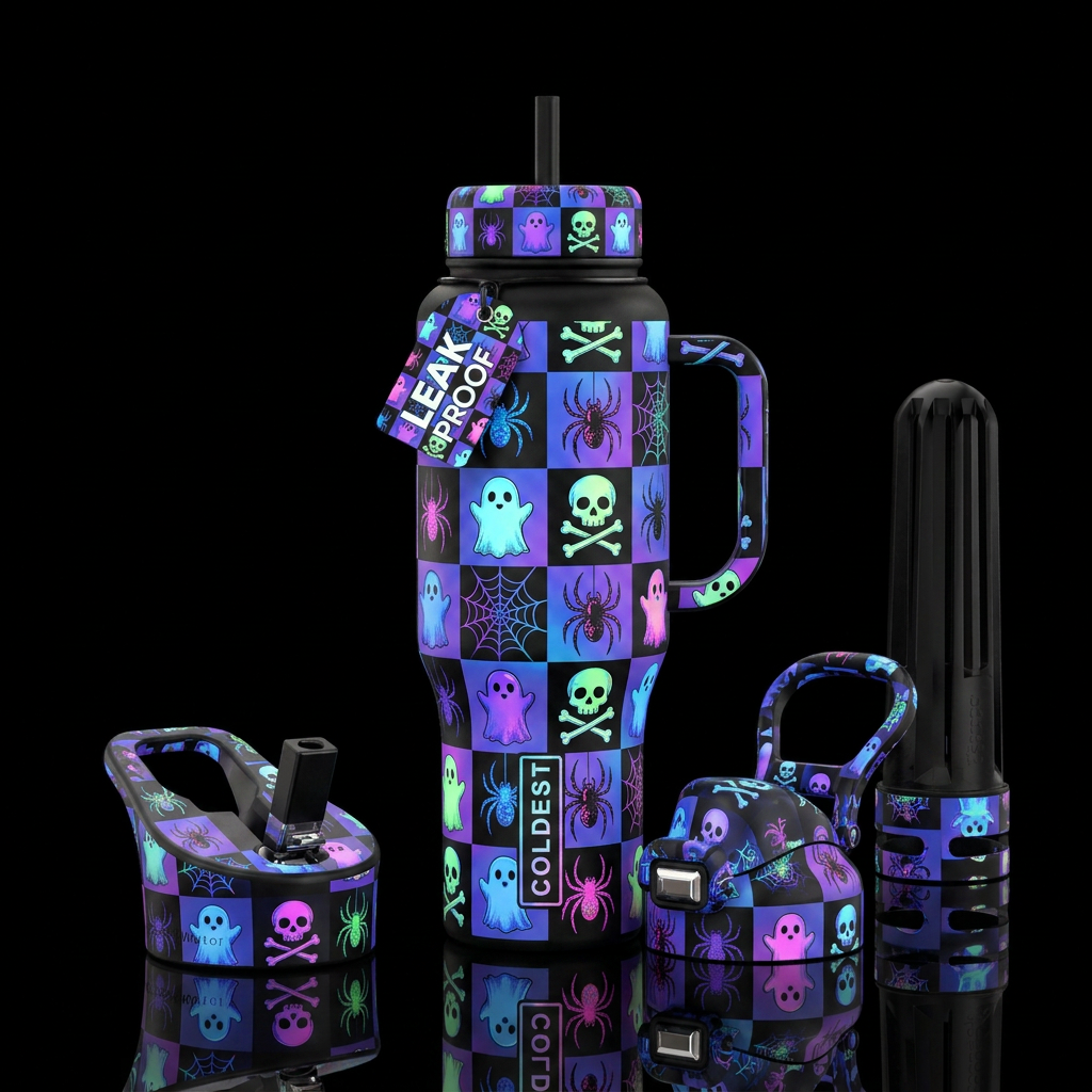 Halloween checkers with ghost, skulls with cross b... water bottle design
