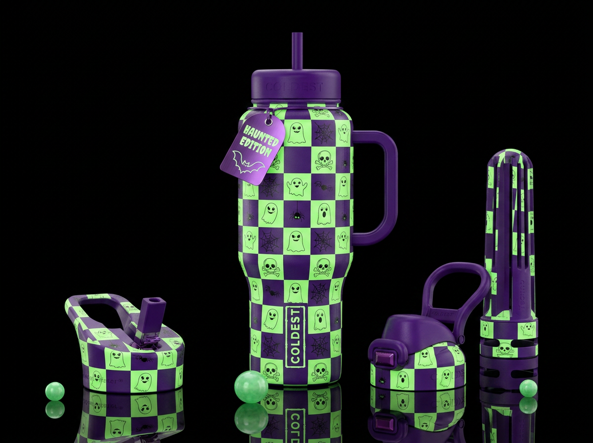 Halloween checkers with ghost, skulls with cross b... water bottle design