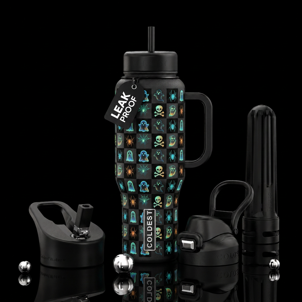 Halloween checkers with ghost, skulls with cross b... water bottle design