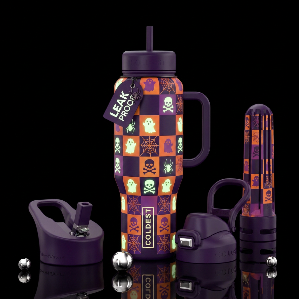 Halloween checkers with ghost, skulls with cross b... water bottle design