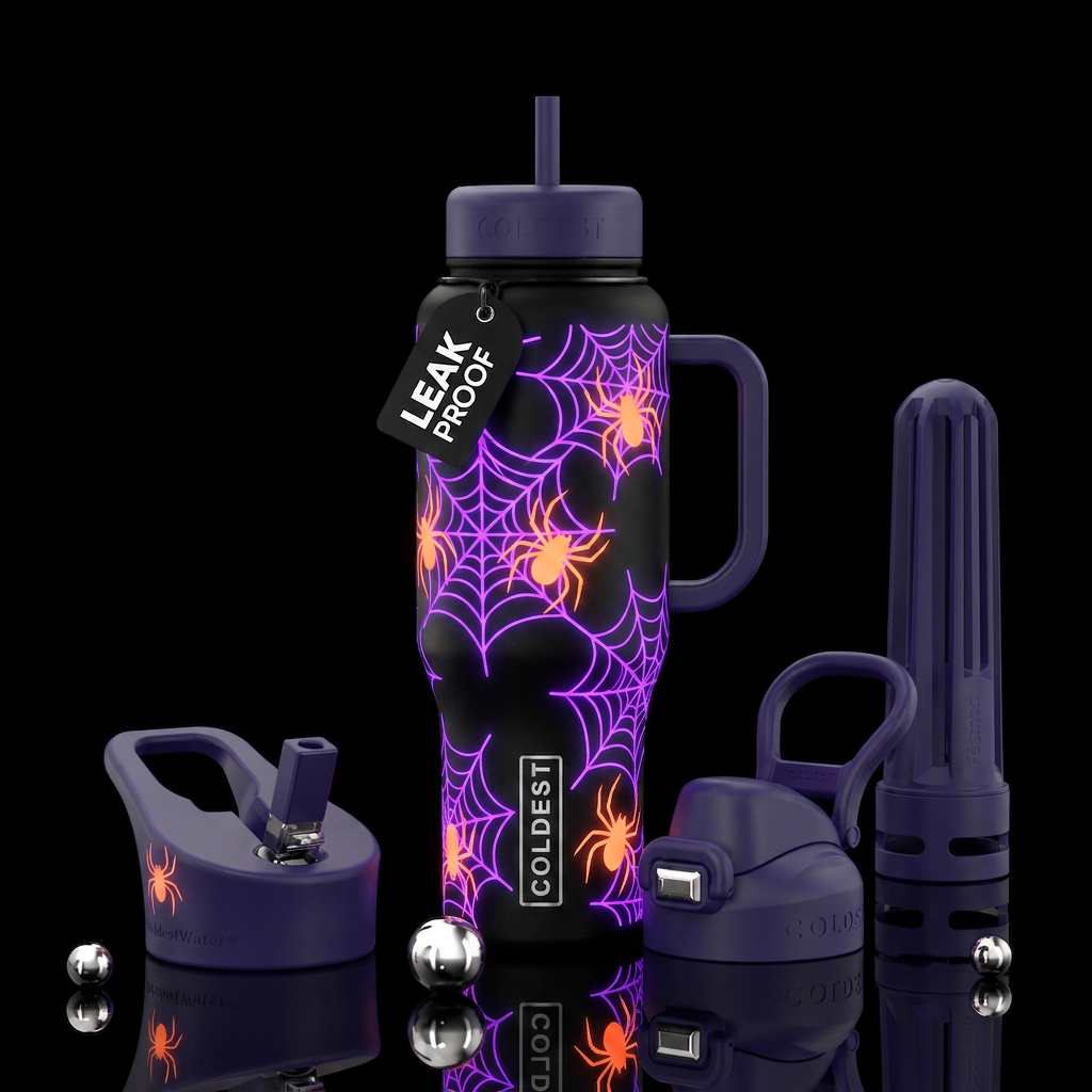 Neon glow in the dark purple spider webs neon oran... water bottle design