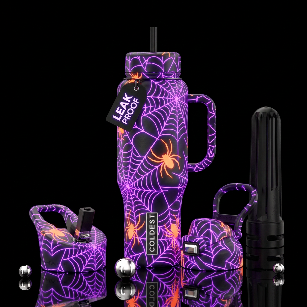 Neon glow in the dark purple spider webs neon oran... water bottle design