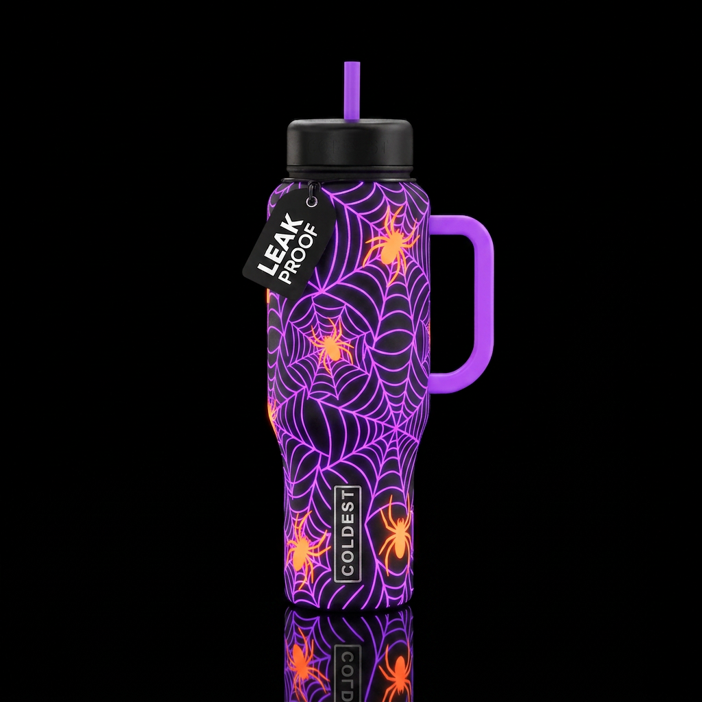 Neon glow in the dark purple spider webs neon oran... water bottle design