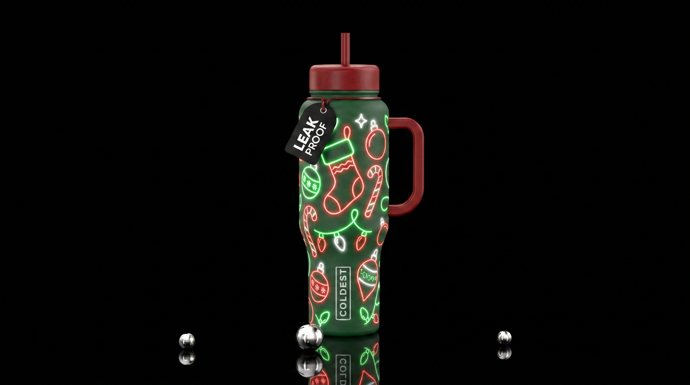 Neon red green and white christmas stocking outlin... water bottle design