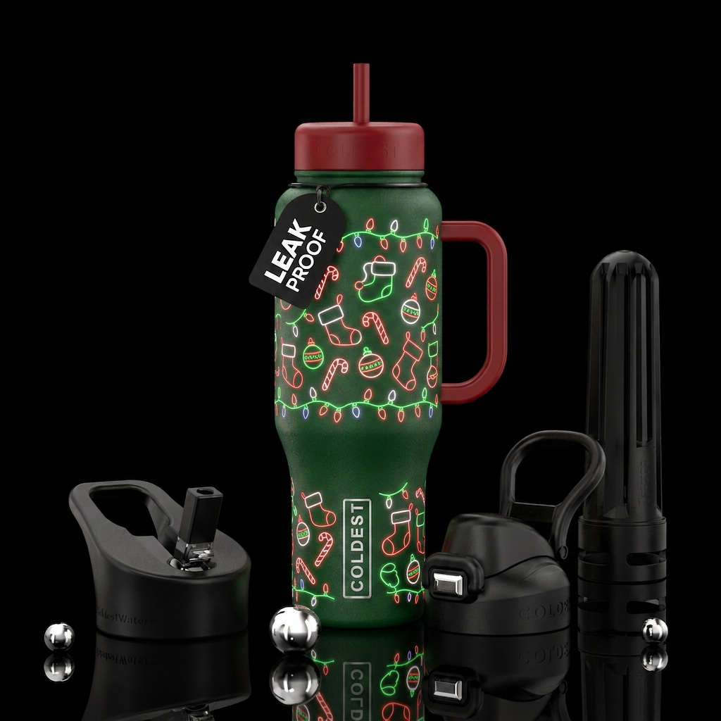Neon red green and white christmas stocking outlin... water bottle design