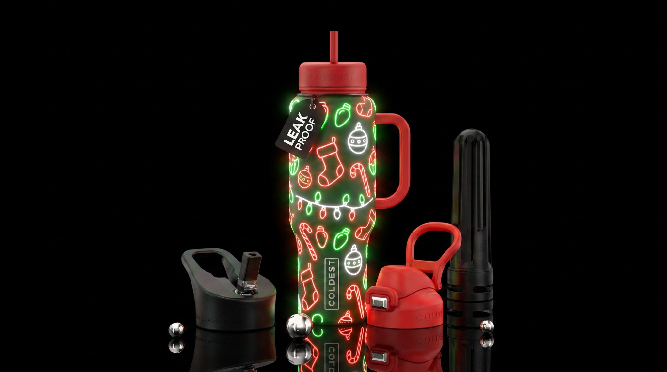 Neon red green and white christmas stocking outlin... water bottle design