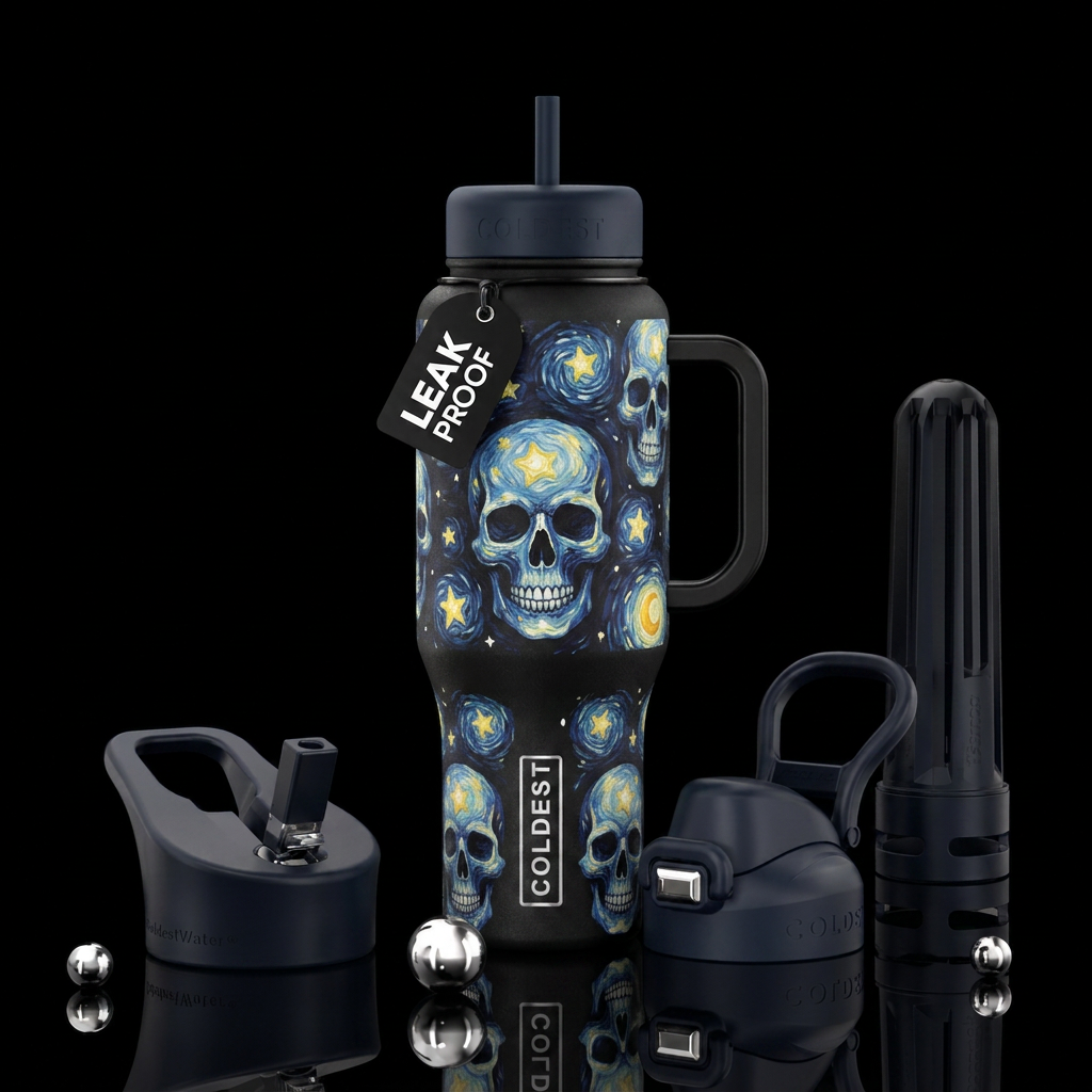 Starry skulls with swirled painted stars, painted,... water bottle design