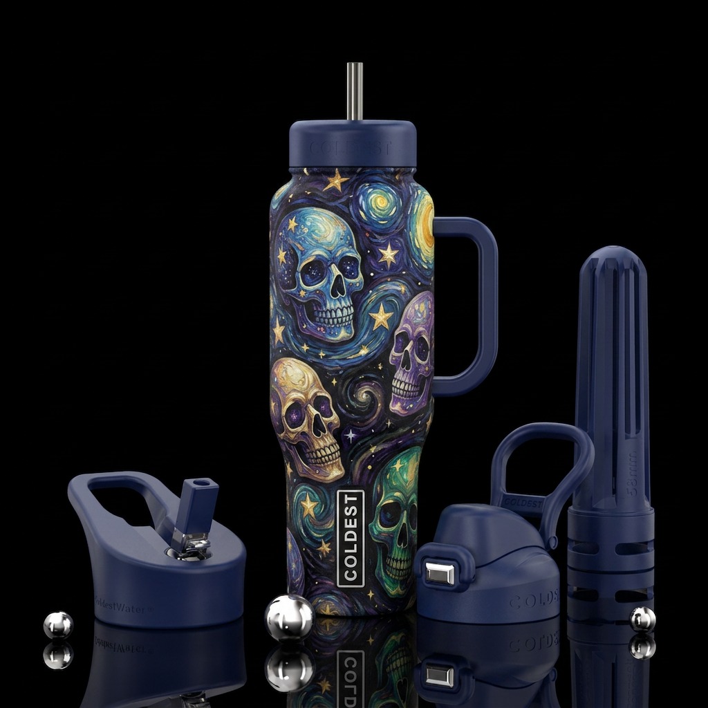 Starry skulls with swirled painted stars, painted,... water bottle design