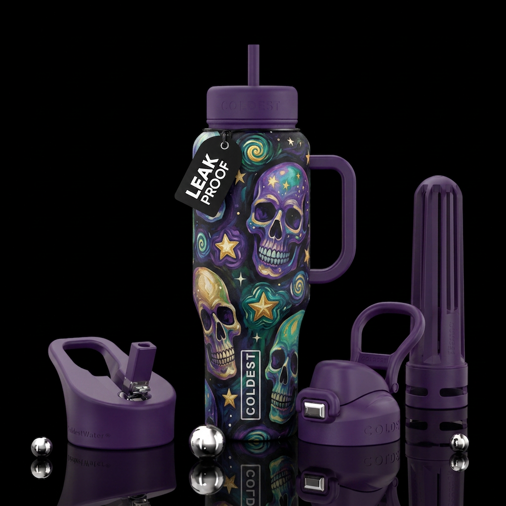 Starry skulls with swirled painted stars, painted,... water bottle design