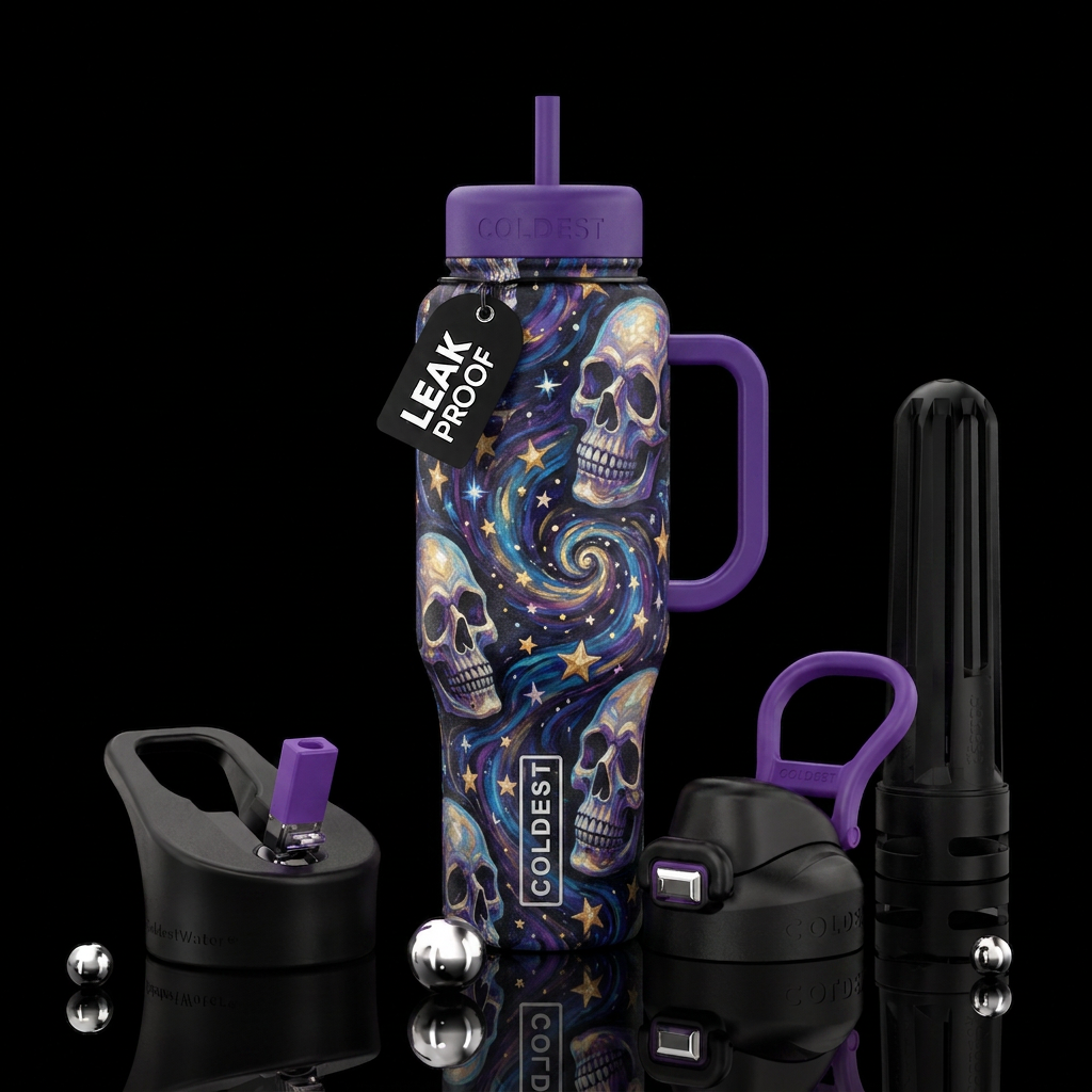 Starry skulls with swirled painted stars, painted,... water bottle design