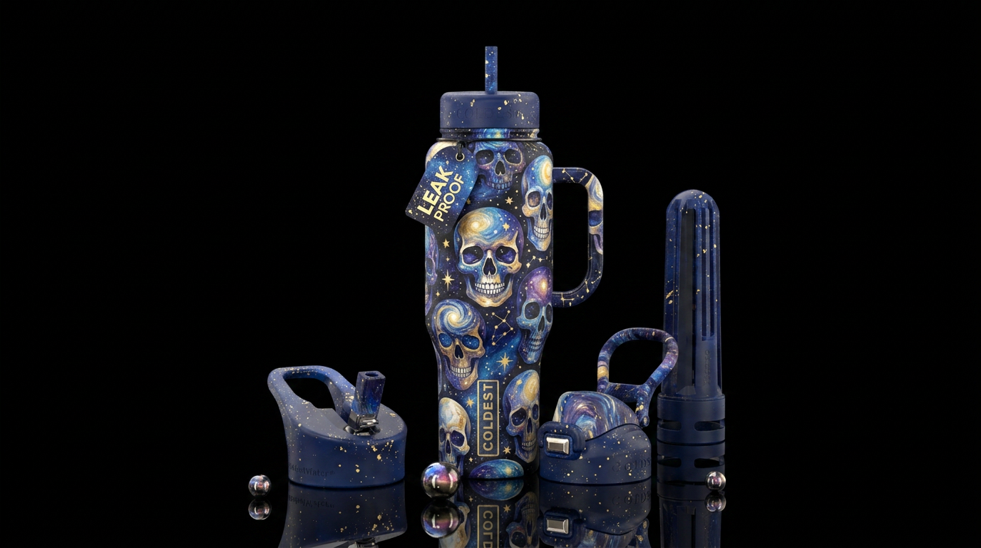 Starry skulls with swirled painted stars, painted,... water bottle design