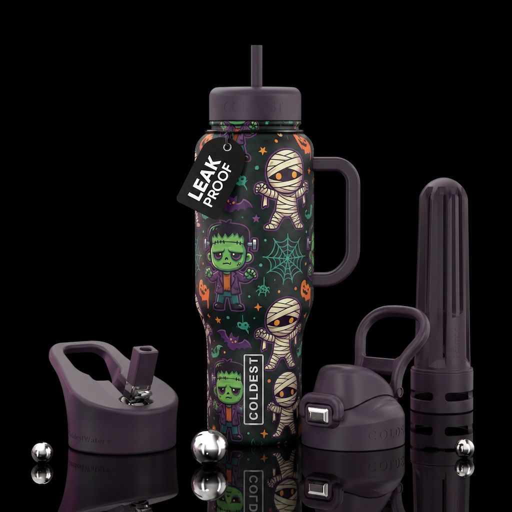 Baby Frankenstein and baby mummies, vibrant, moder... water bottle design