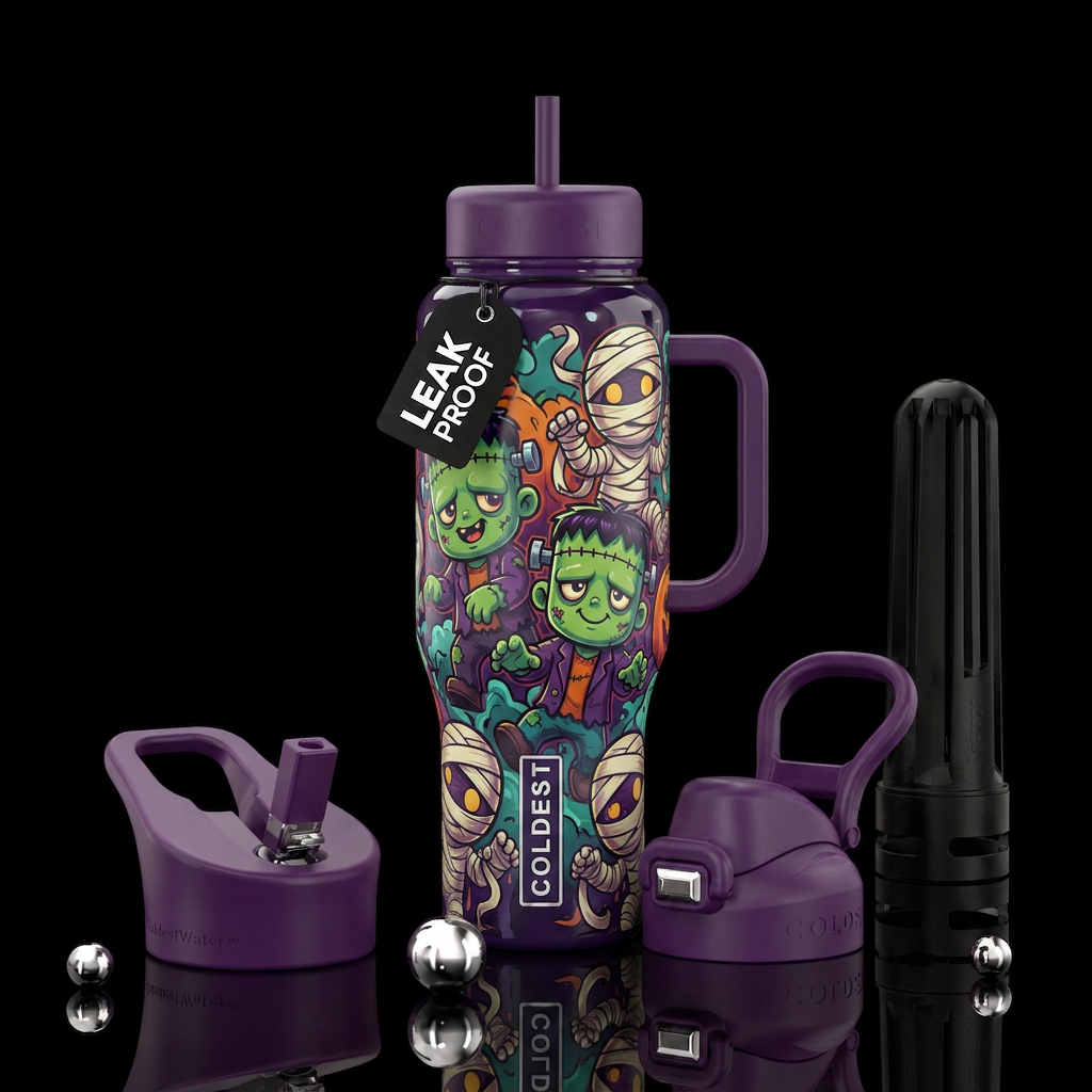 Baby Frankenstein and baby mummies, vibrant, moder... water bottle design