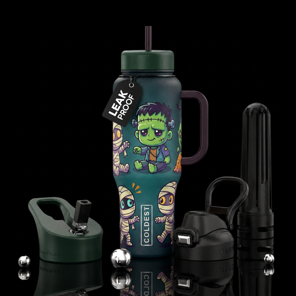 Baby Frankenstein and baby mummies, vibrant, moder... water bottle design