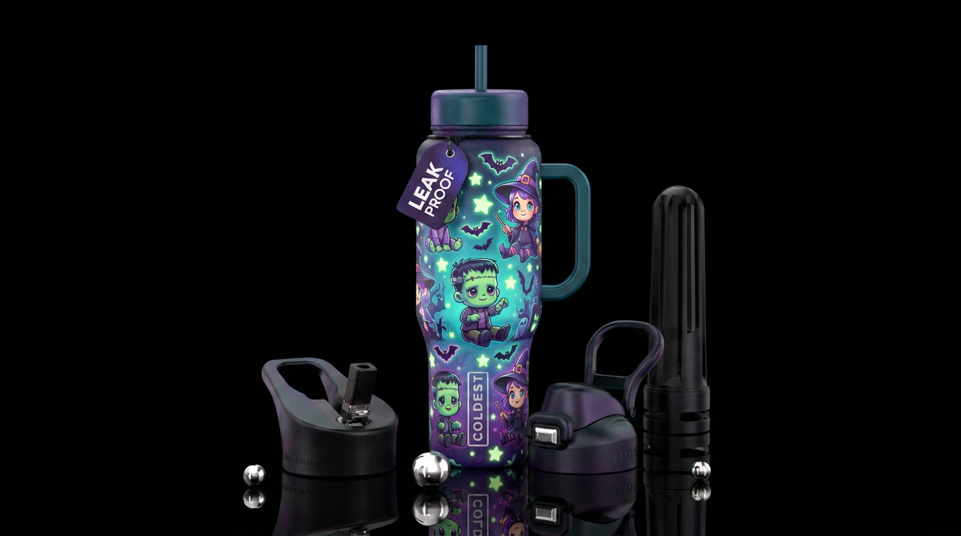 Baby Frankenstein and Baby witches with glow in th... water bottle design