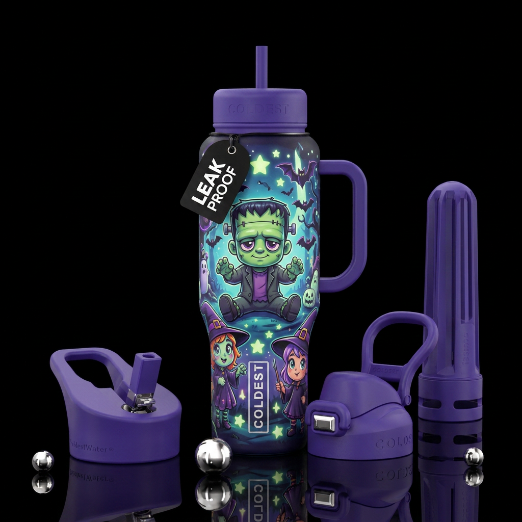 Baby Frankenstein and Baby witches with glow in th... water bottle design