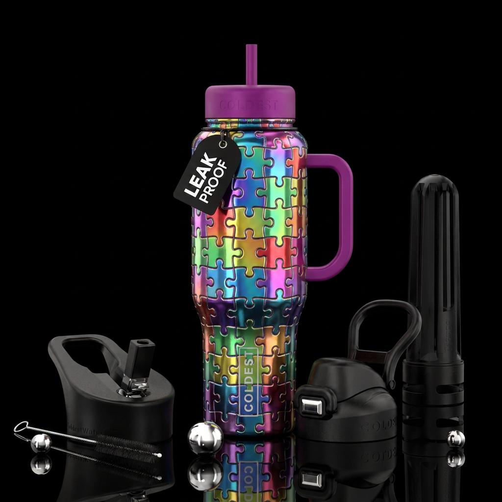 Shiny metallic rainbow puzzle pieces, artistic, st... water bottle design
