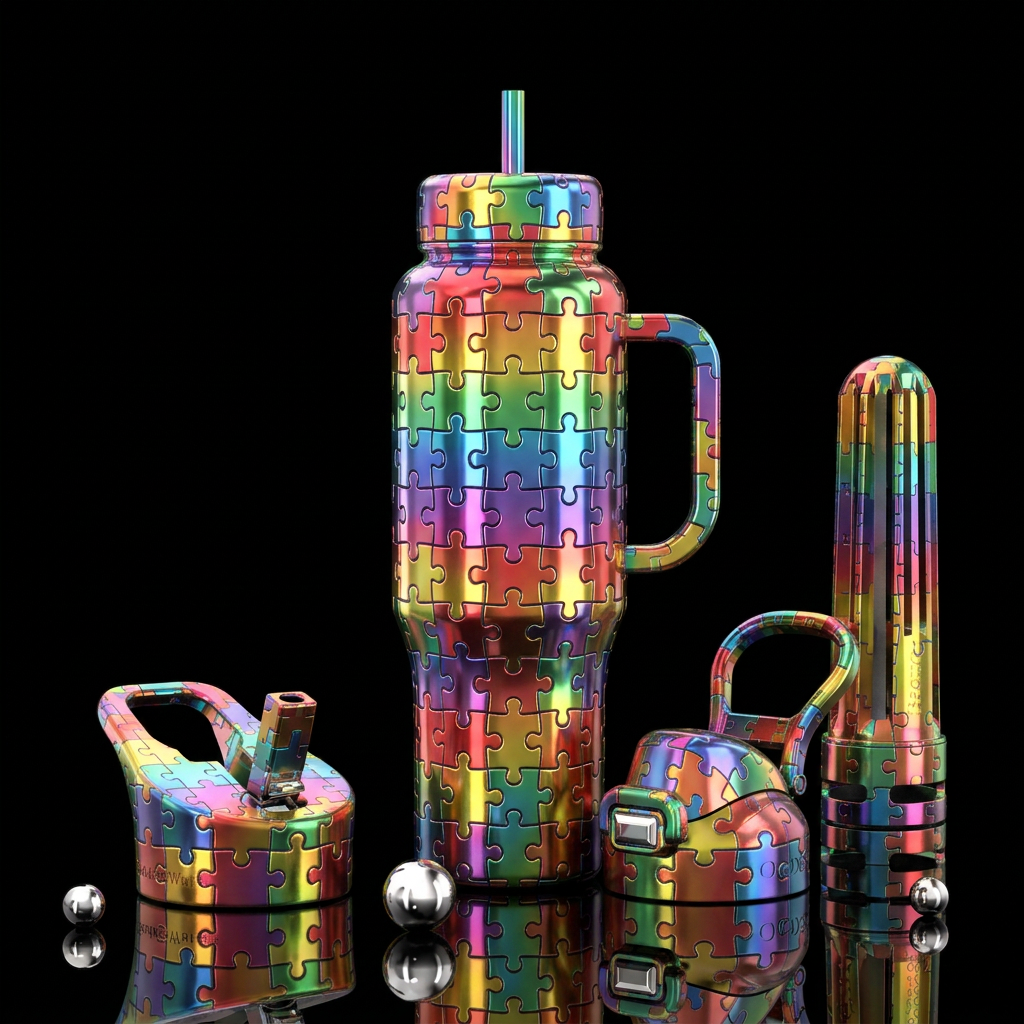 Shiny metallic rainbow puzzle pieces, artistic, st... water bottle design