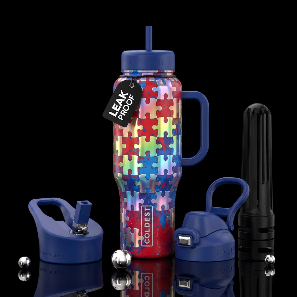 Shiny irridescent puzzle pieces rainbow colored wi... water bottle design