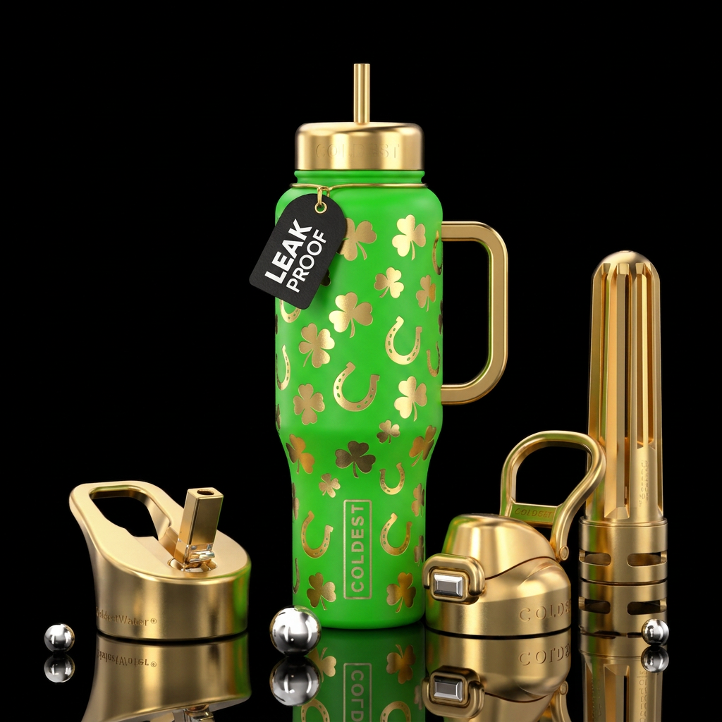 bright green background with shiny gold shamrocks ... water bottle design