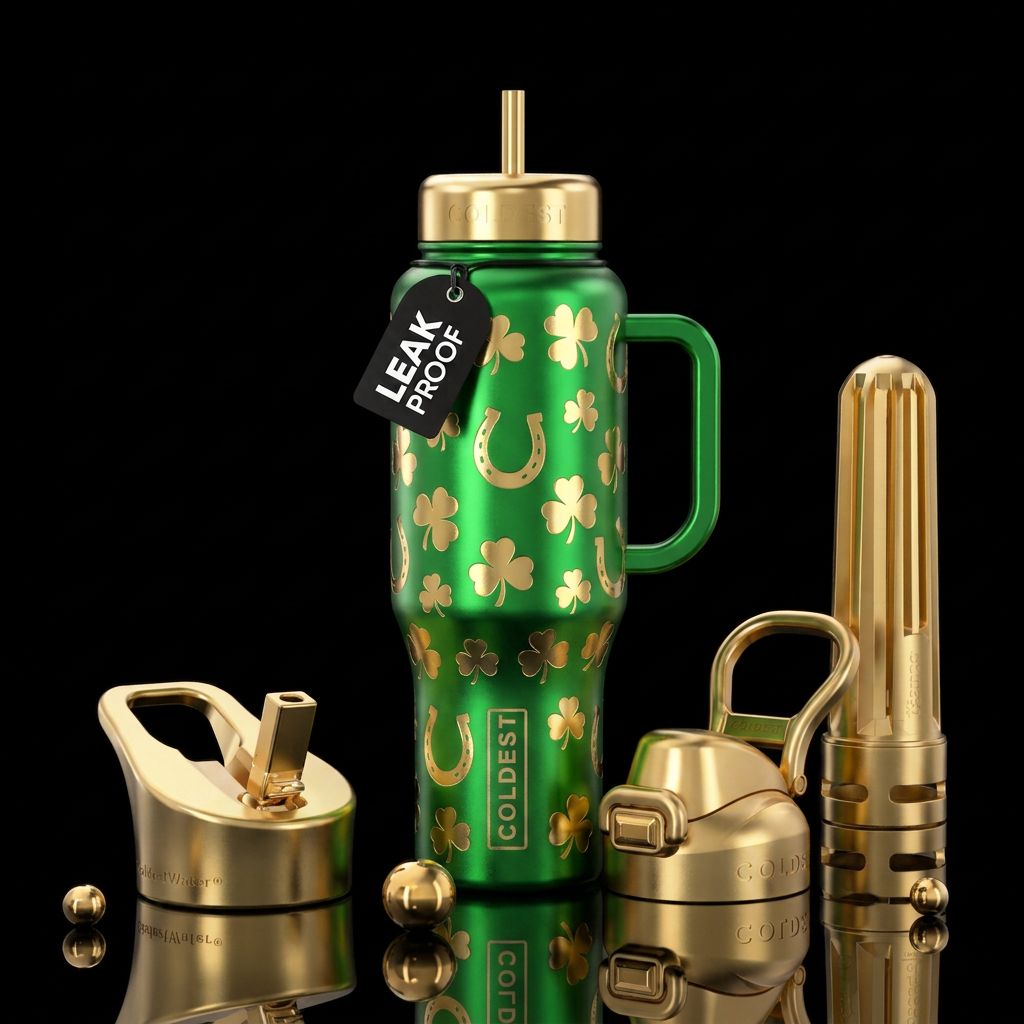 bright green background with shiny gold shamrocks ... water bottle design