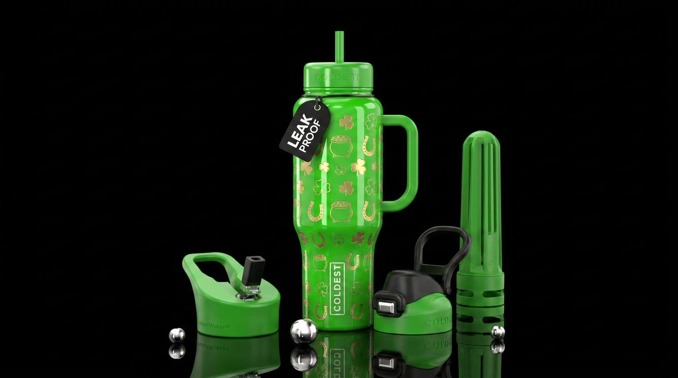 Lucky shamrocks pots of gold and horse shoes all g... water bottle design
