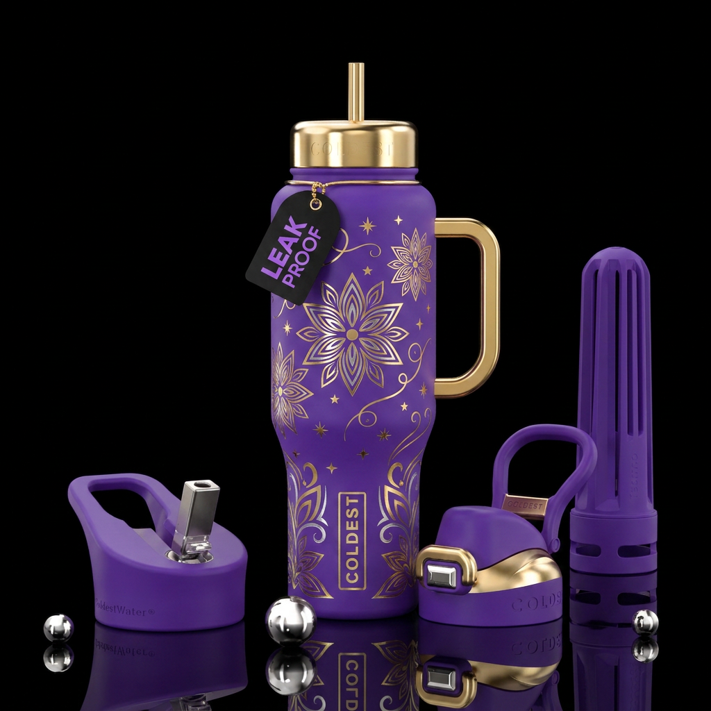 Bright beautiul purple background with gold stars ... water bottle design
