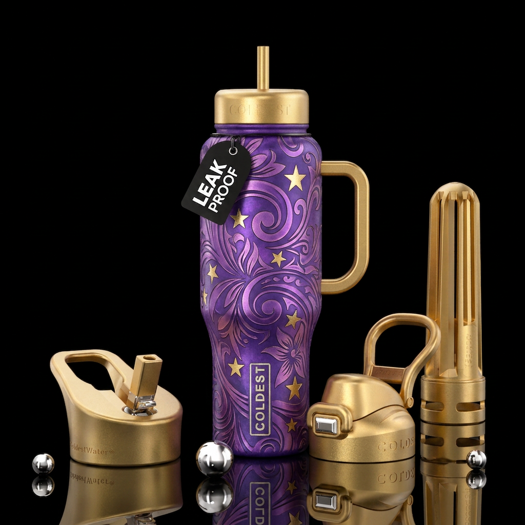 Bright beautiul purple background with gold stars ... water bottle design