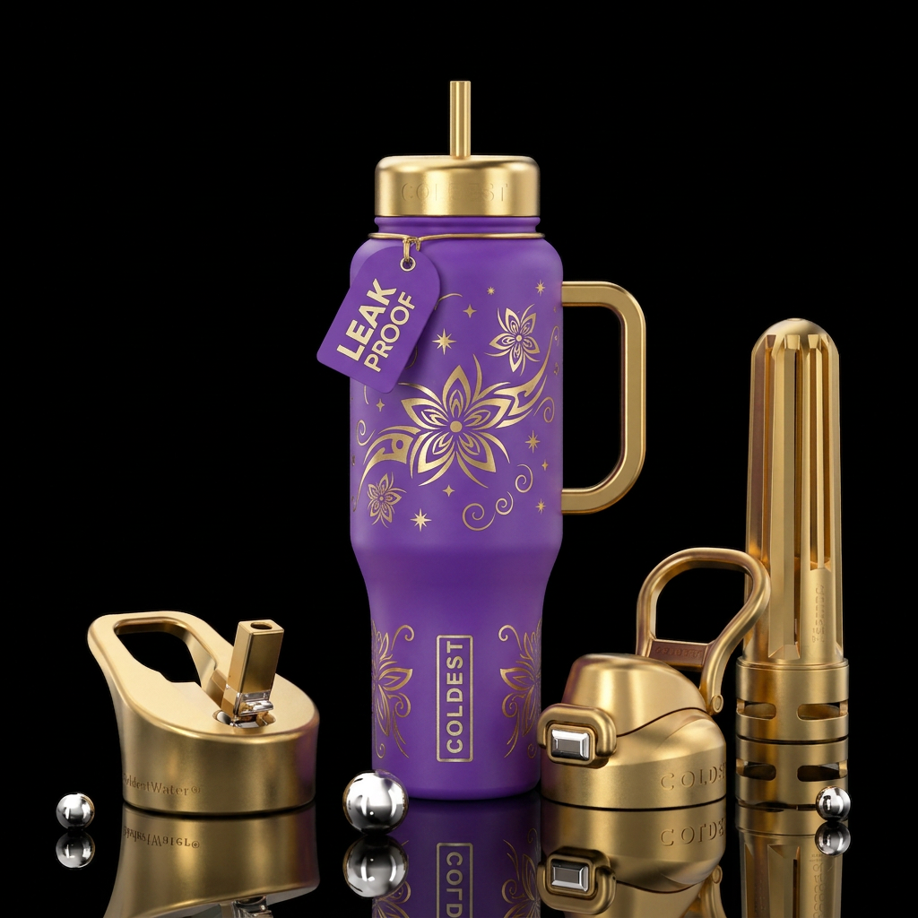 Bright beautiul purple background with gold stars ... water bottle design