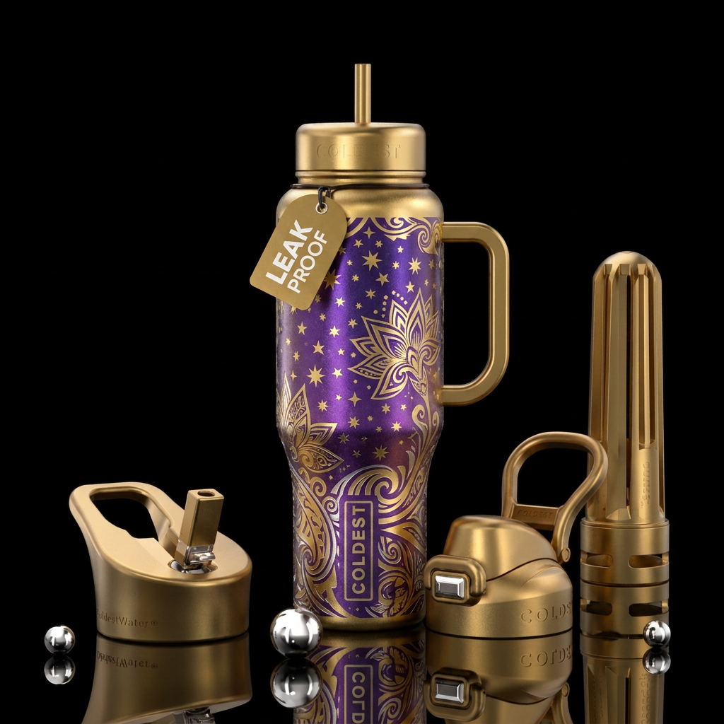 Bright beautiul purple background with gold stars ... water bottle design