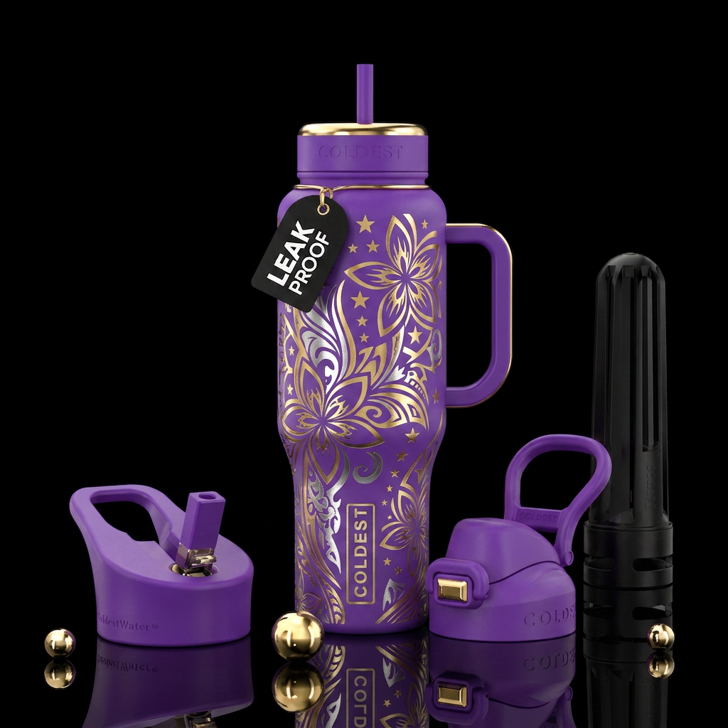 Bright beautiul purple background with gold stars ... water bottle design