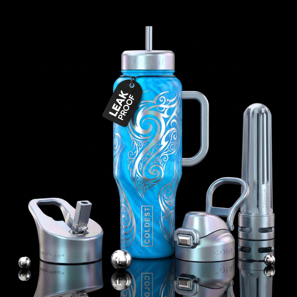 Beautiul bright blue background with enchanted sil... water bottle design