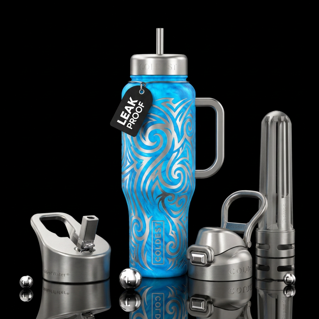 Beautiul bright blue background with enchanted sil... water bottle design