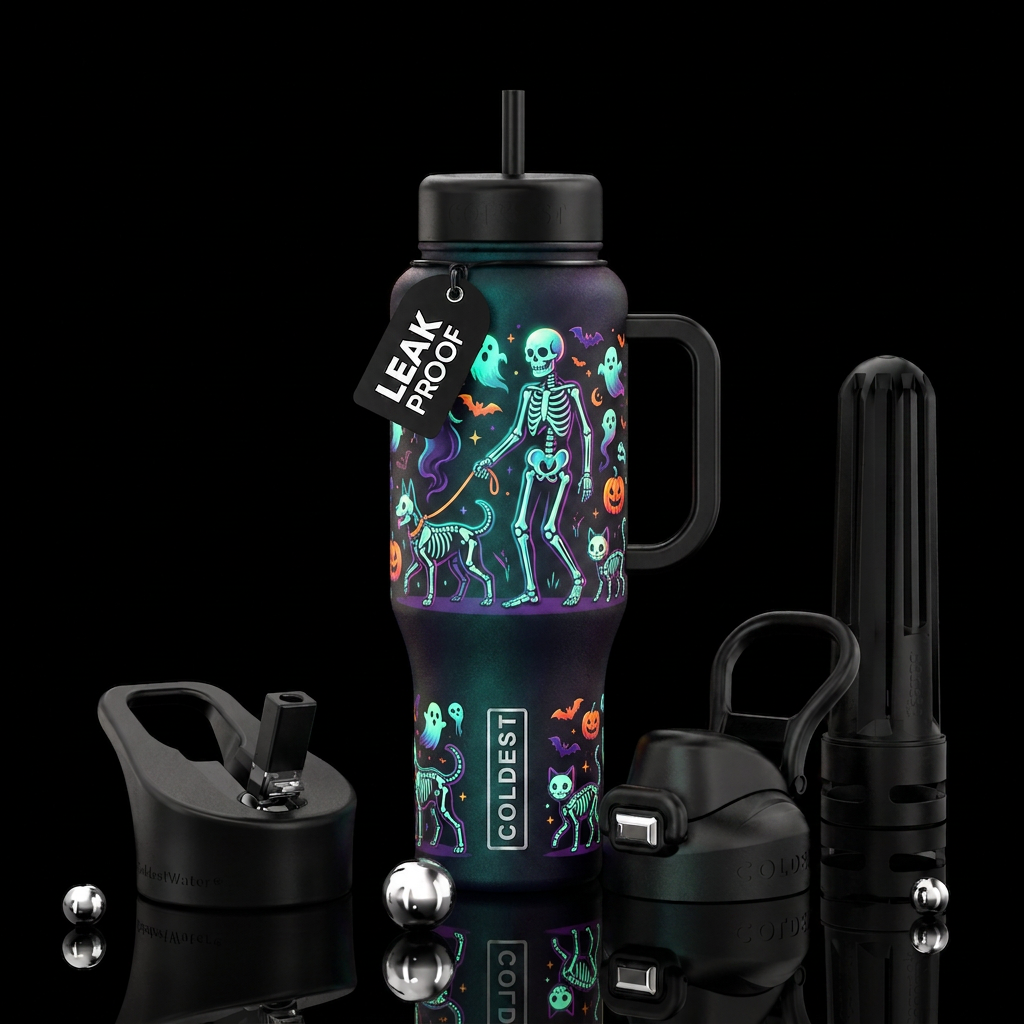 Halloween skeletons walking skeleton dog on a leas... water bottle design