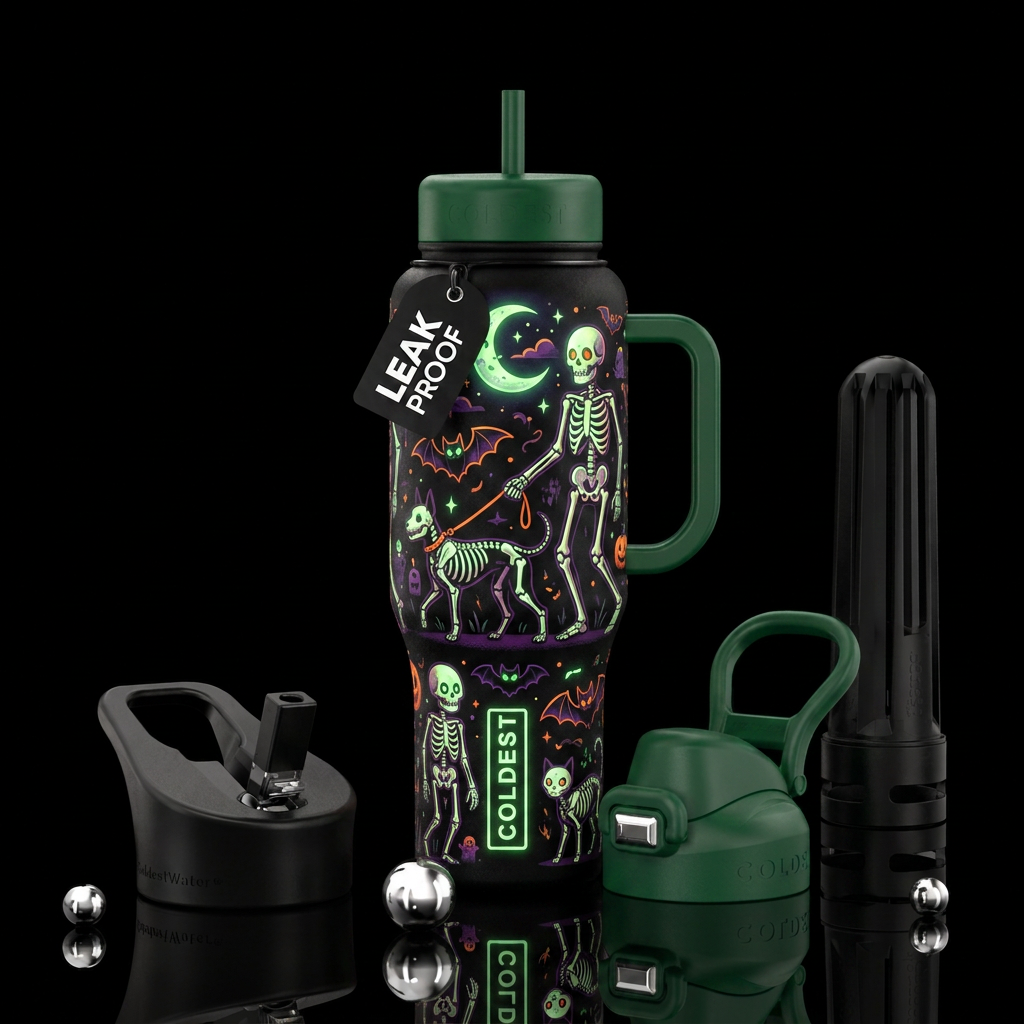 Halloween skeletons walking skeleton dog on a leas... water bottle design
