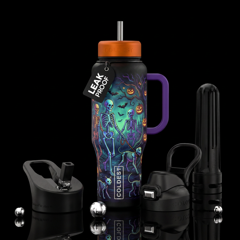 Halloween skeletons walking skeleton dog on a leas... water bottle design