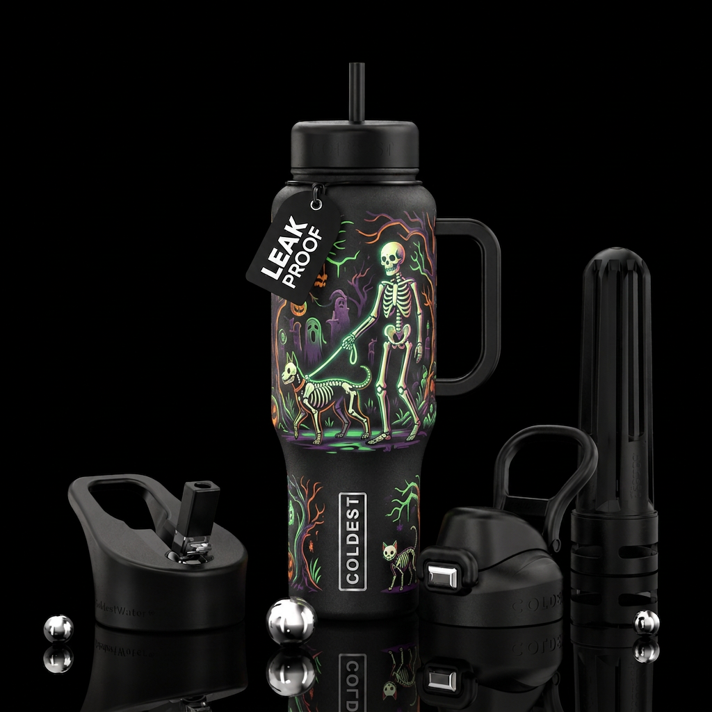 Halloween skeletons walking skeleton dog on a leas... water bottle design