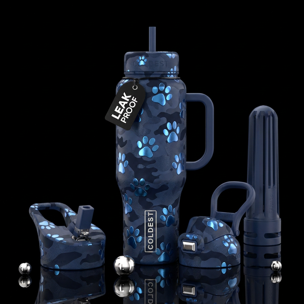Navy camouflage with shiny metallic blue puppy paw... water bottle design