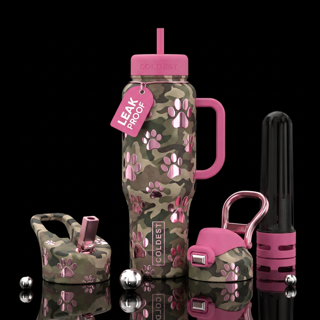 camouflage with shiny metallic pink puppy paws inb... water bottle design