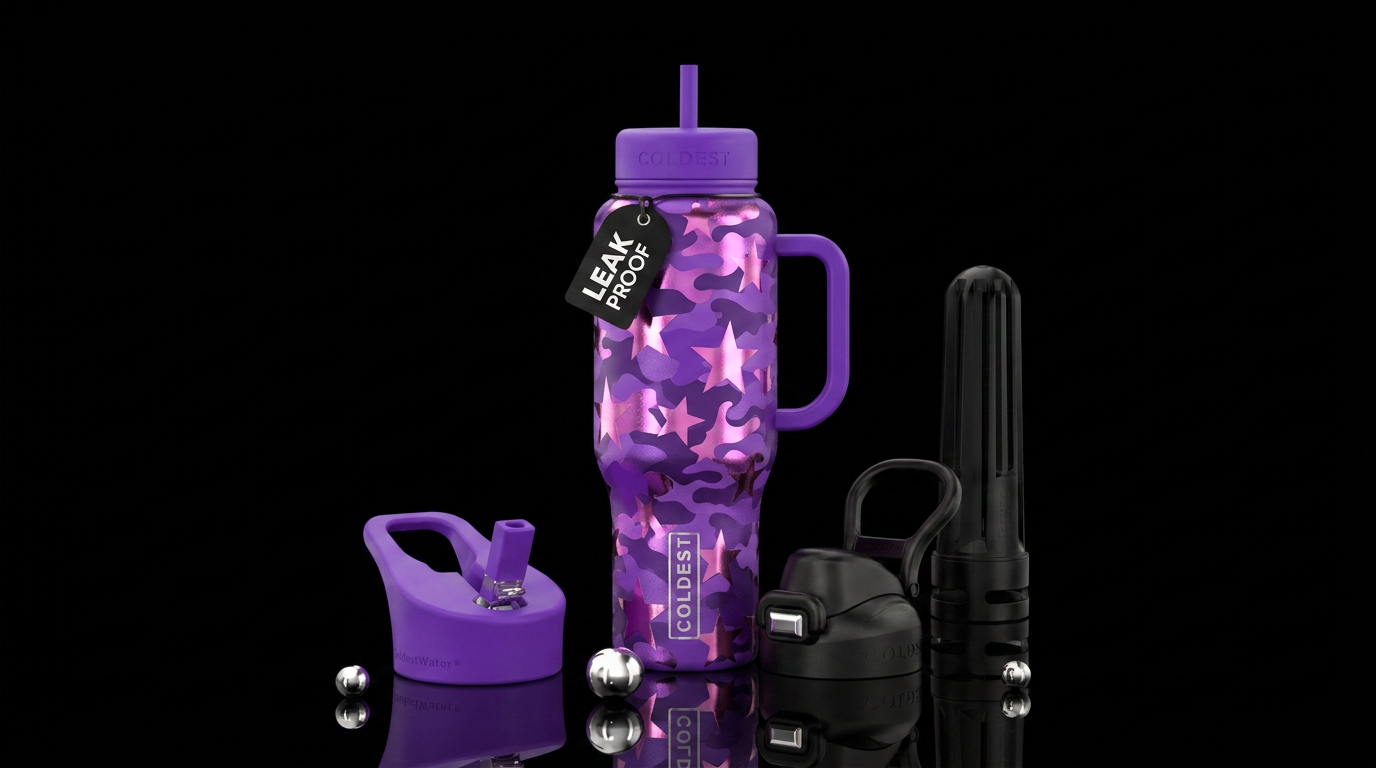 Purple camouflage with shiny metallic pink stars i... water bottle design