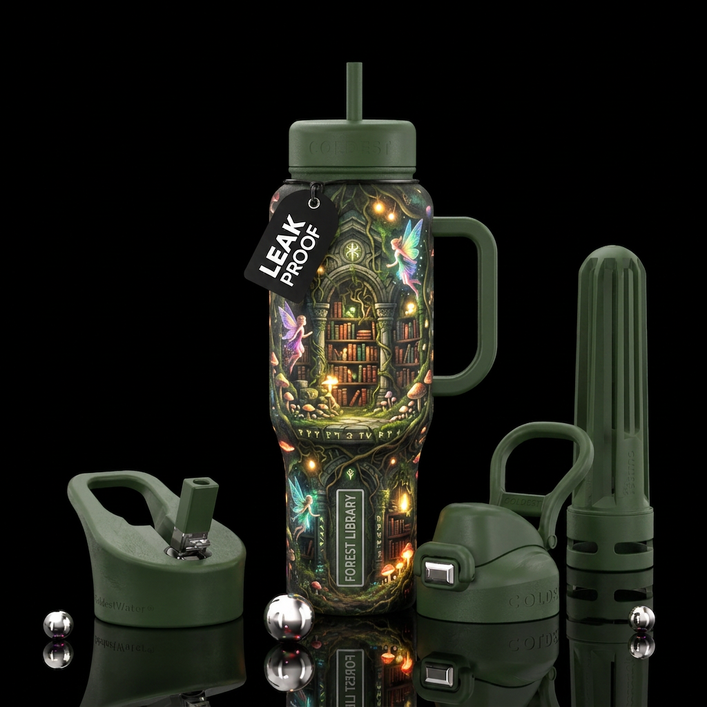 Magical enchanted forest library inbued with glowi... water bottle design