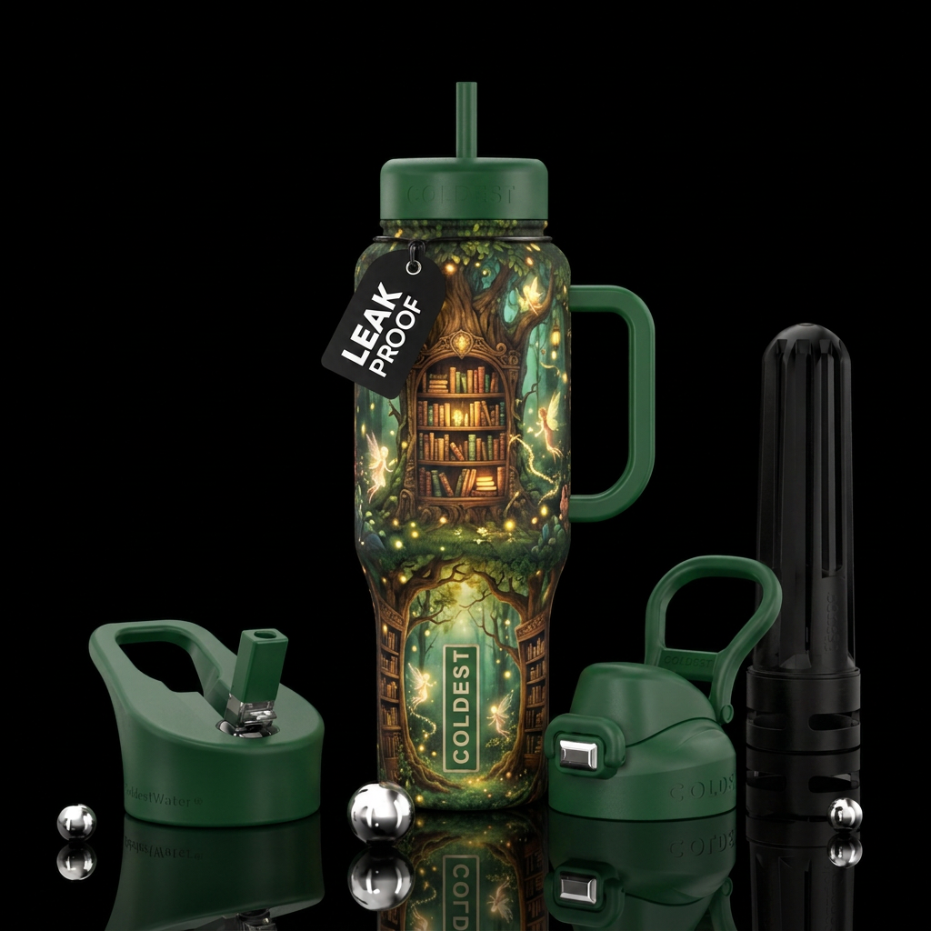 Magical enchanted forest library inbued with glowi... water bottle design