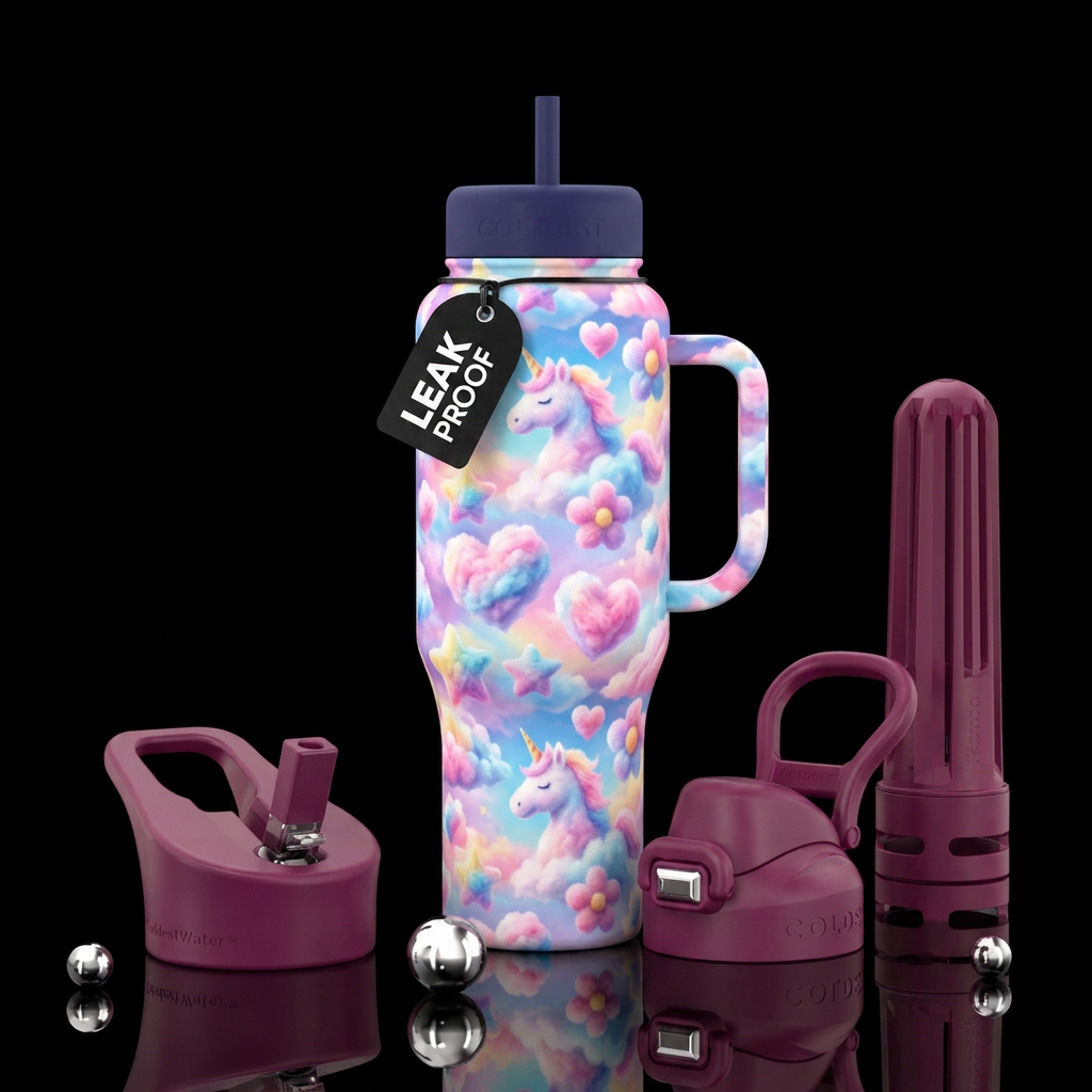 cotton candy clouds shaped like unicorns, hearts, ... water bottle design