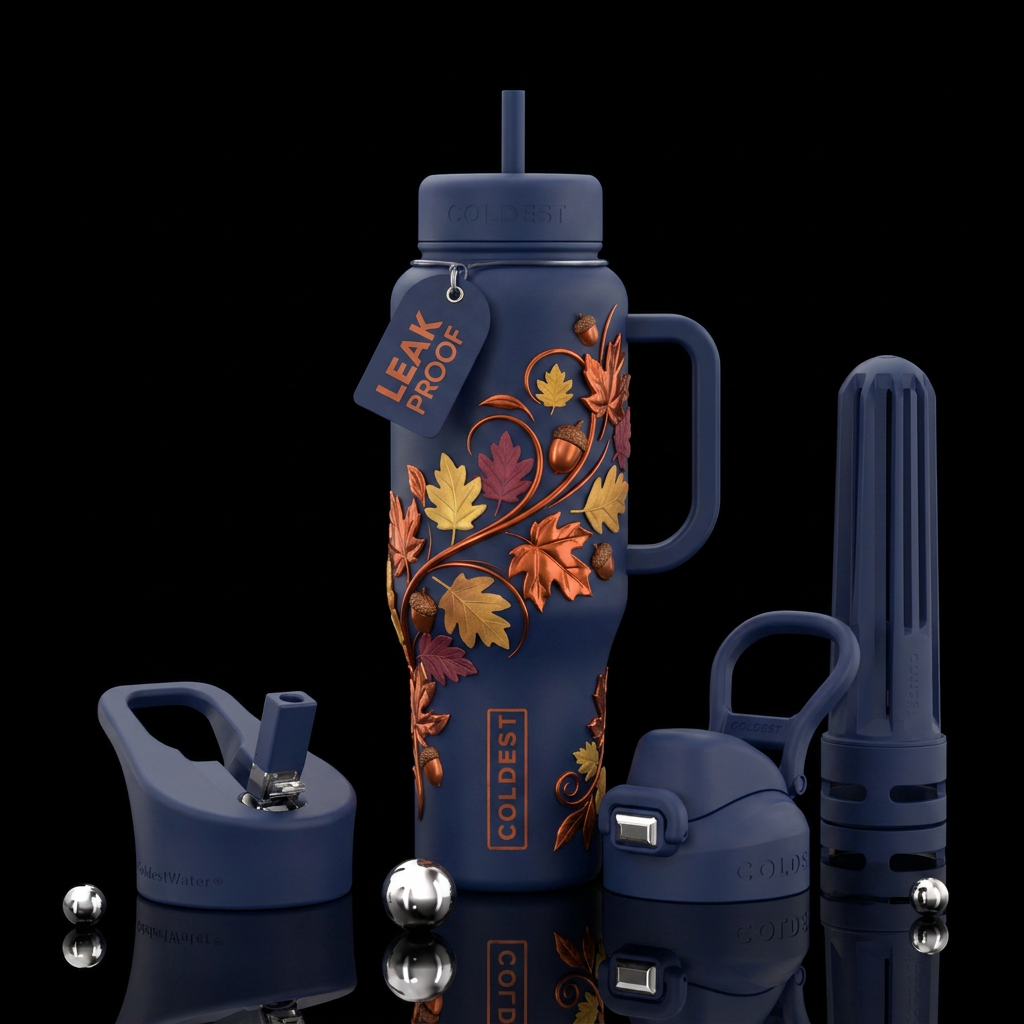Navy background with some shiny metallic rust oran... water bottle design